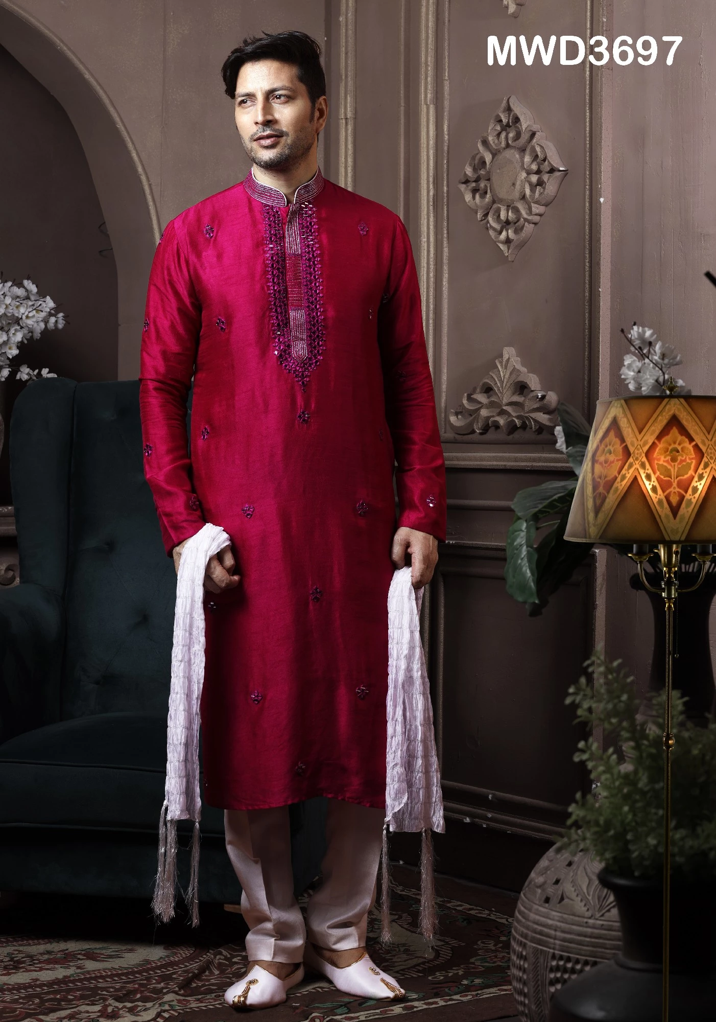 Red Silk Readymade Mirror Embroidered Kurta Pyjama, 36-1.webp